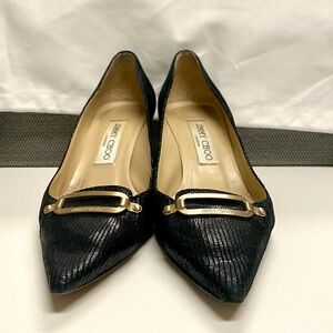 Size 36.5 Jimmy Choo low heel, pointy black leather with gold buckle.